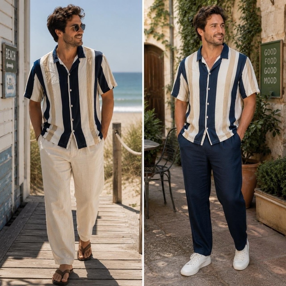 Primark Size M Navy Beige White Striped Button Up Shirt Coastal Grandpa Vacation